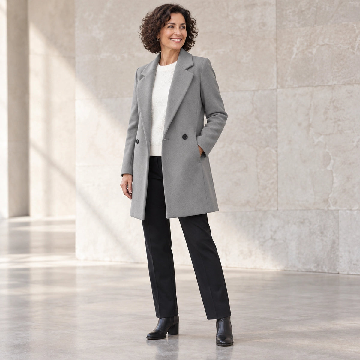 winter coat — Usa and Canada October–December three quarter view; Gray; complete product worn by a happy adult model — view 5
