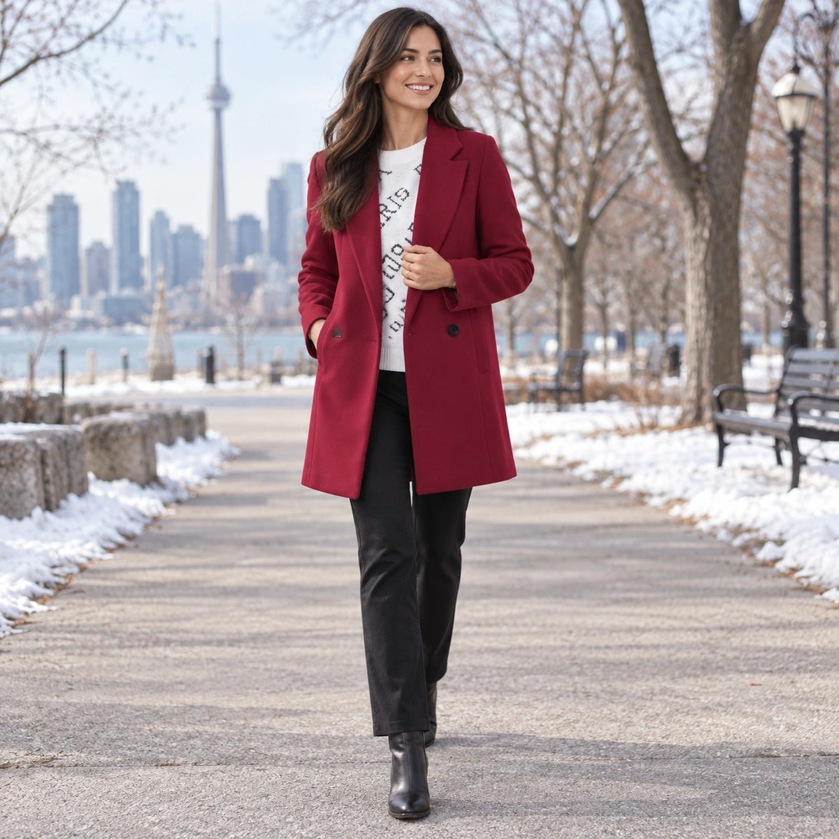 winter coat — Usa and Canada October–December 2; Burgundy; complete product worn by a happy adult model — view 8