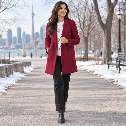 winter coat — Usa and Canada October–December 2; Burgundy; complete product worn by a happy adult model — view 8